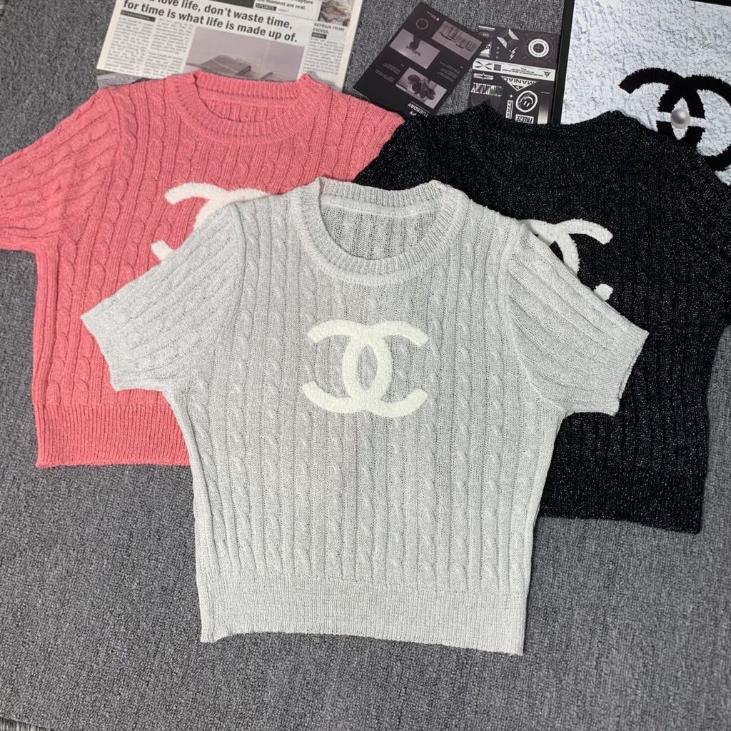 New Embroidered Crewneck Sweater Women's Short-sleeved 1024032511