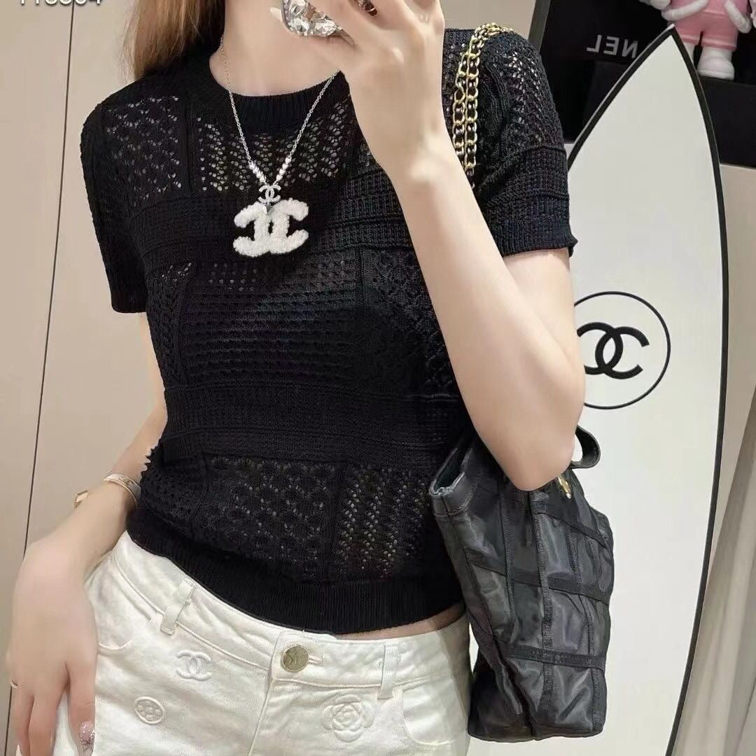 Summer new style hollow round neck knitted top 0724052203