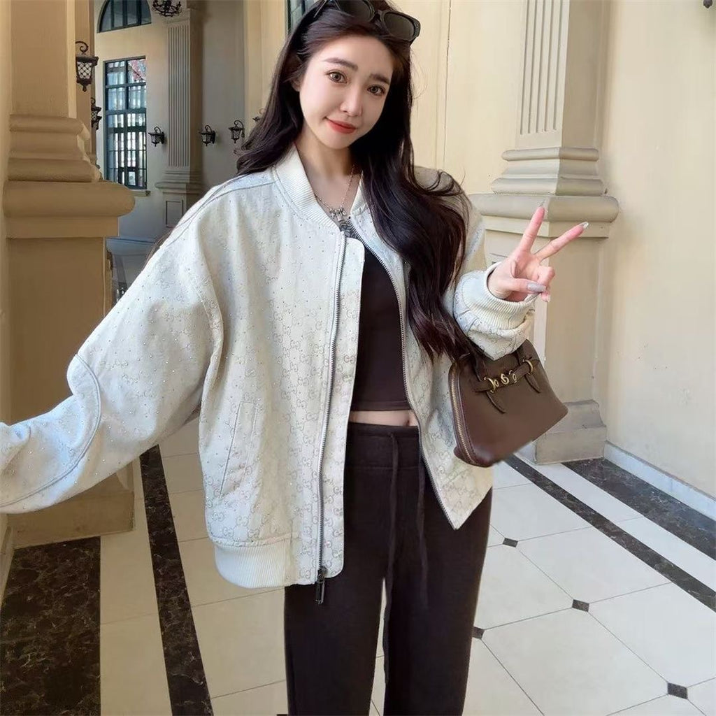 Women's Casual Jacquard & Rhinestone Baseball Jacket 0726091102