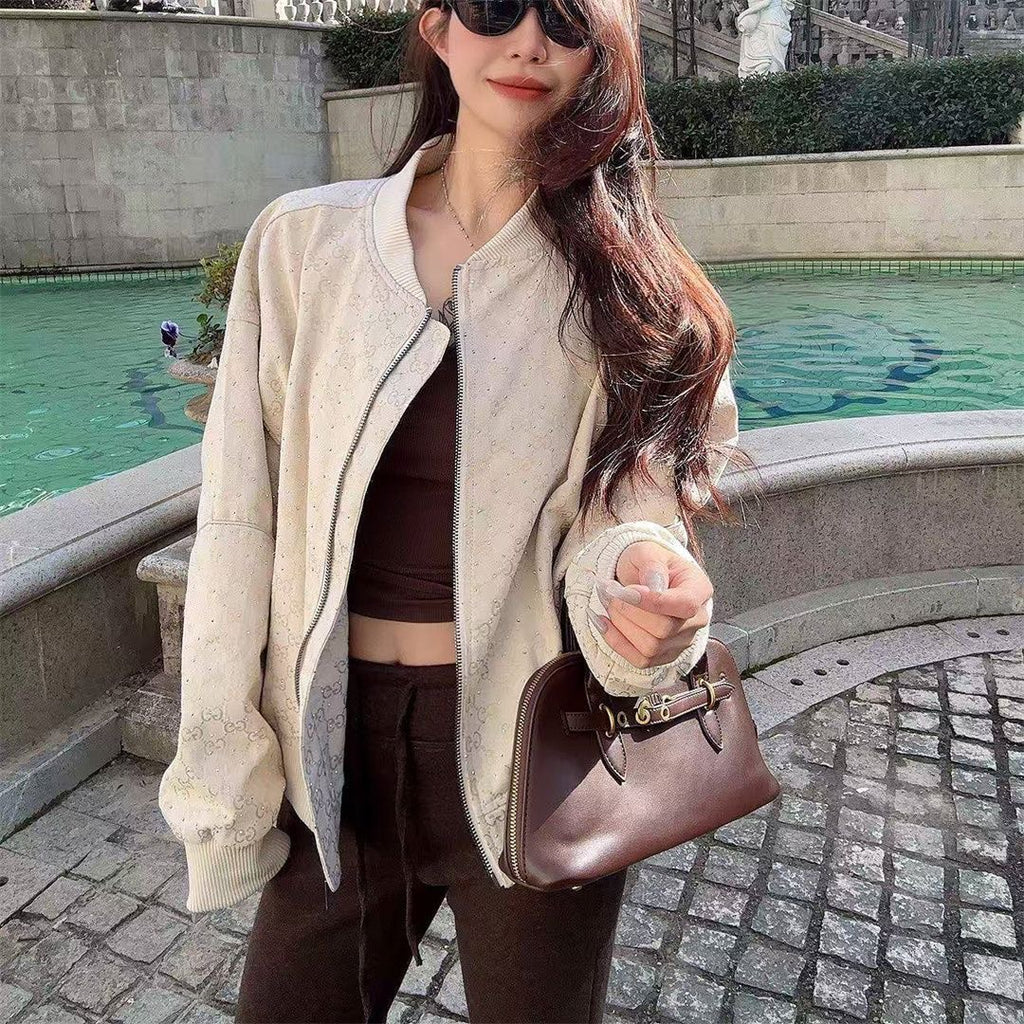 Women's Casual Jacquard & Rhinestone Baseball Jacket 0726091102