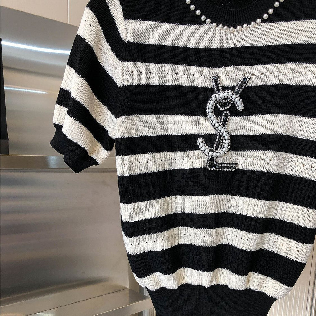 Heavy Beaded Black And White Striped Sweater 1024070322