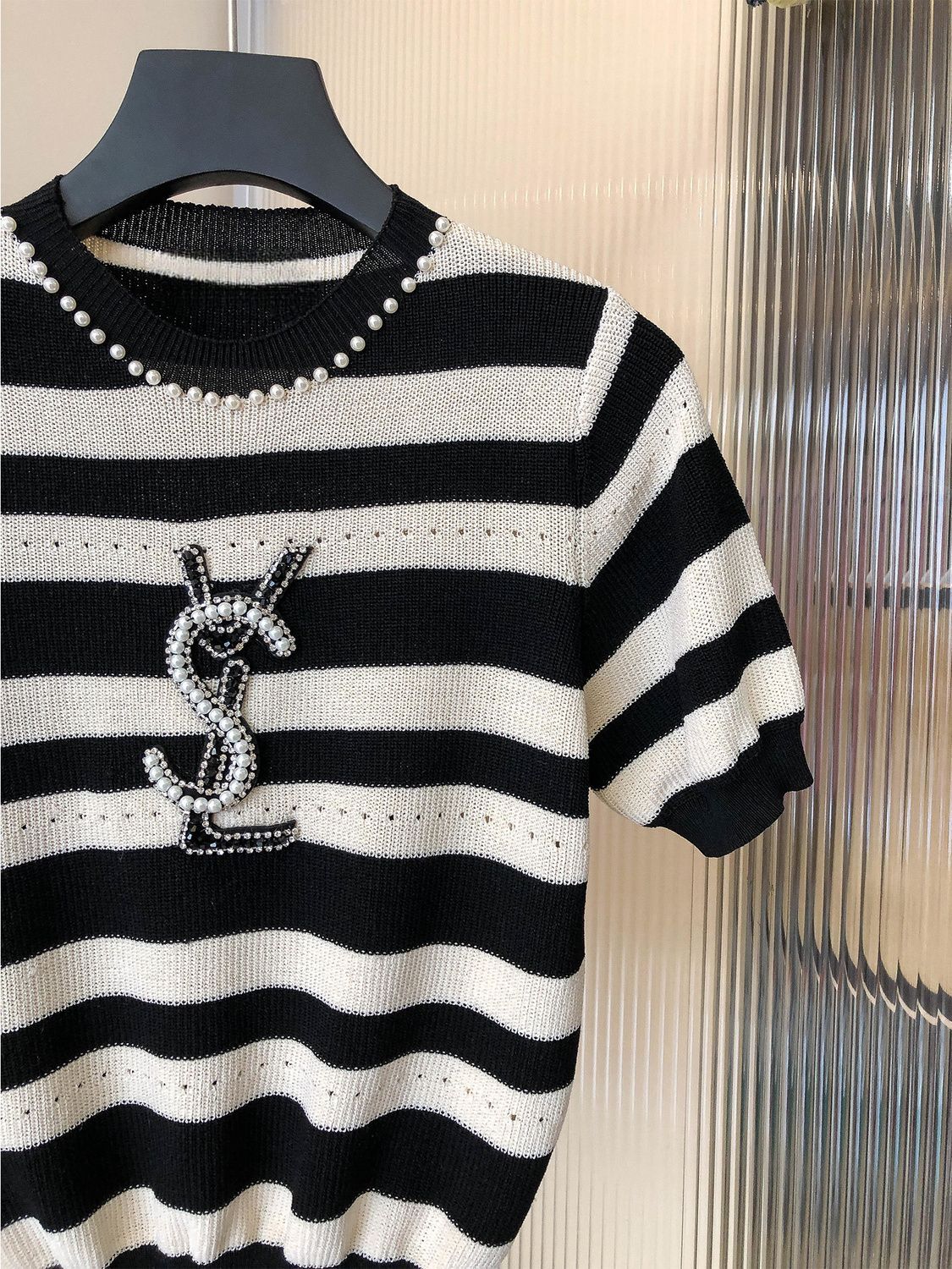 Heavy Beaded Black And White Striped Sweater 1024070322