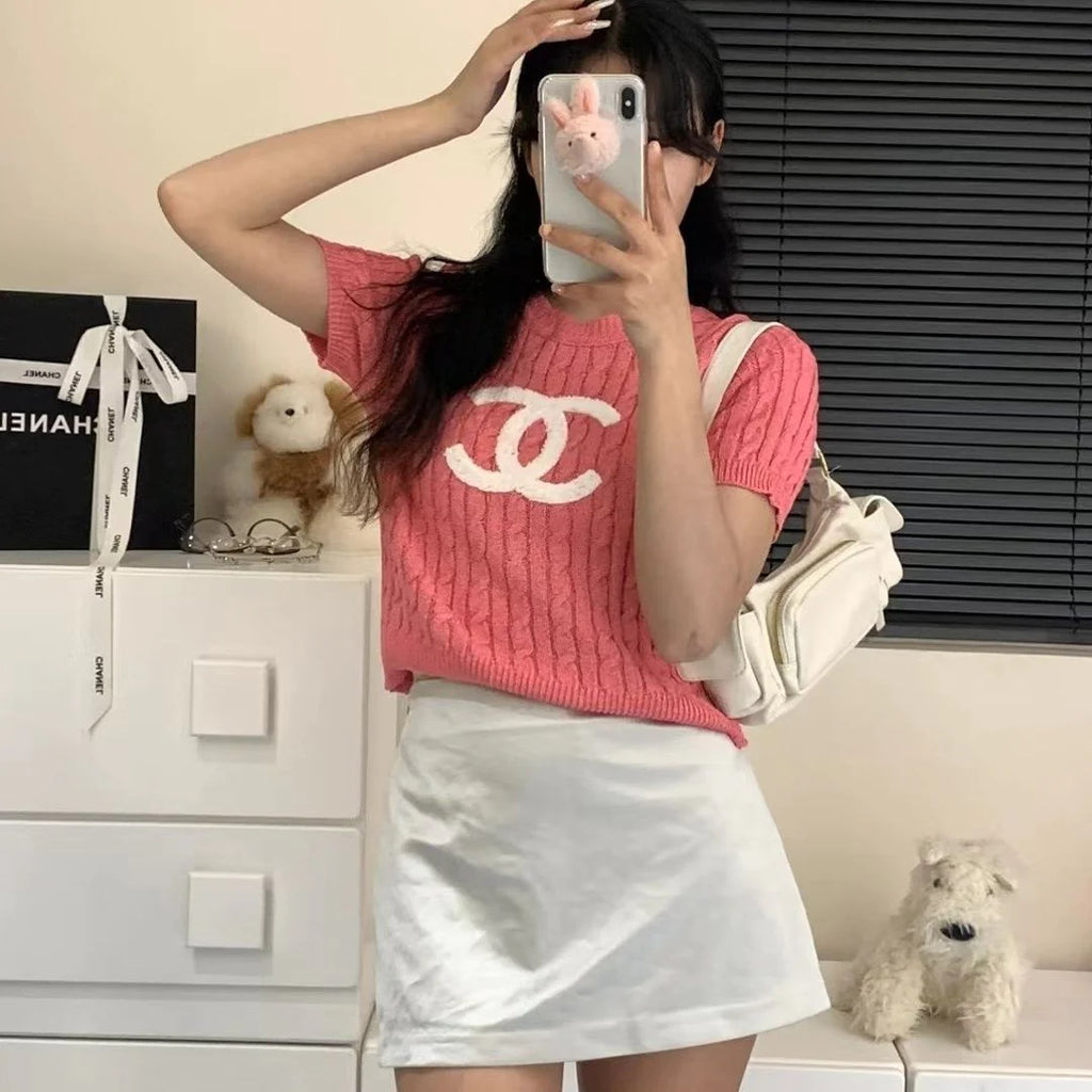 New Embroidered Crewneck Sweater Women's Short-sleeved 1024032511