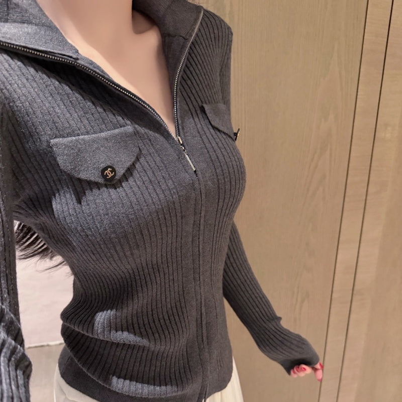 New Fashion Women's CC Half Zip Ribbed Knit Base Top CQQ1326092406