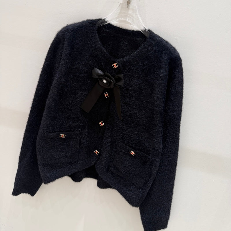 New Fashion Women's CC Bow Fuzzy Knit Cardigan DM1326092418