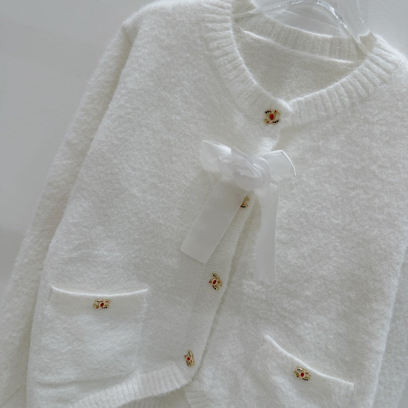 New Fashion Women's CC Bow Fuzzy Knit Cardigan DM1326092418