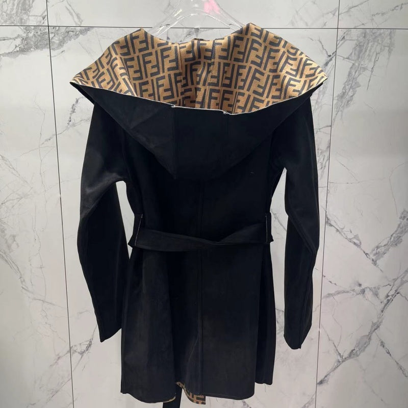 New Fashion Women FF Print Suede Coat DM1326092908