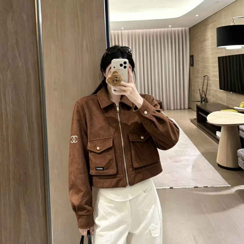New Fashion Women CC Cropped Faux Suede Jacket DM1326092911