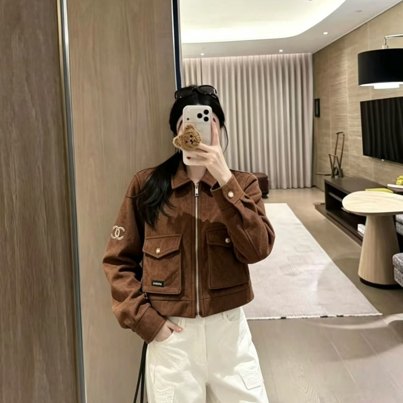 New Fashion Women CC Cropped Faux Suede Jacket DM1326092911