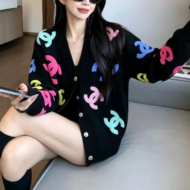 New Fashion Women's CC Color Flocking V-Neck Knit Cardigan DM1326100814