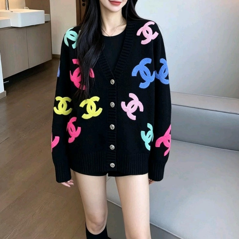 New Fashion Women's CC Color Flocking V-Neck Knit Cardigan DM1326100814