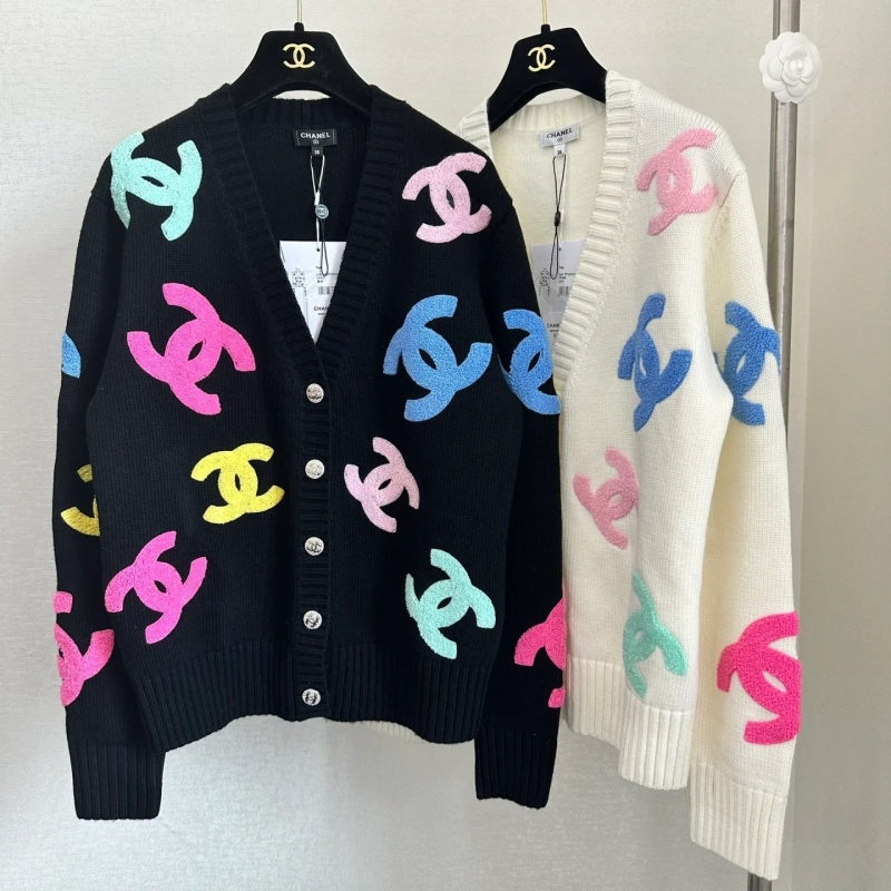 New Fashion Women's CC Color Flocking V-Neck Knit Cardigan DM1326100814