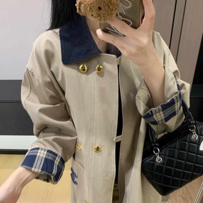 New Fashion Women's CC Plaid Cuff Loose Trench Coat DM1326100817