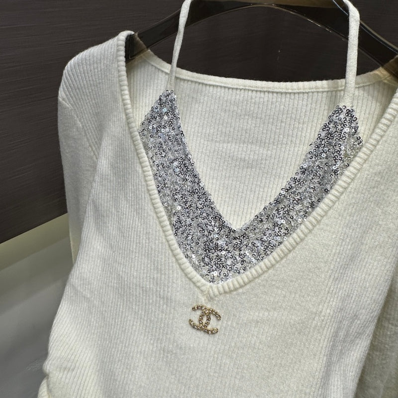 New Fashion Women's CC V Neck Halter Sequin Ruched Knit Top DM1326100823
