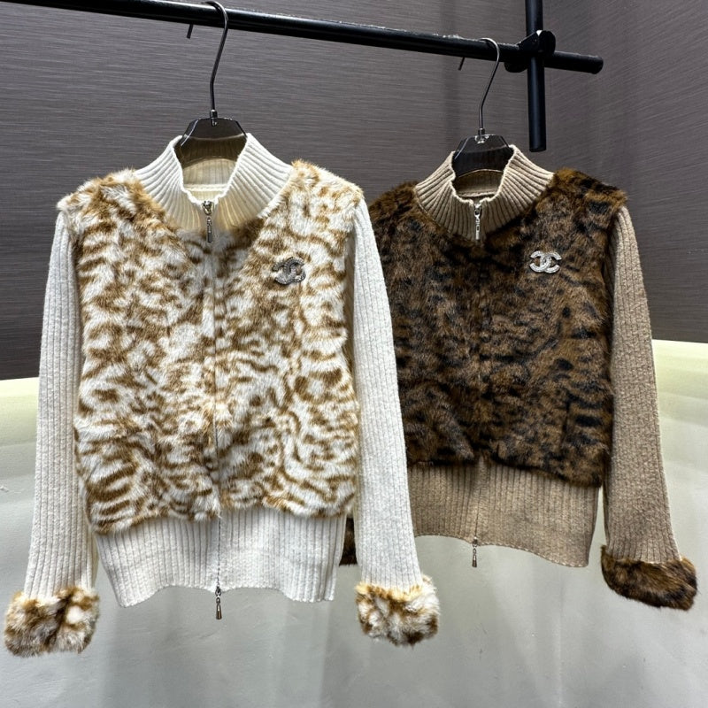 New Fashion Women's CC Leopard Faux Fur Spliced Knit Cardigan DM1326100828