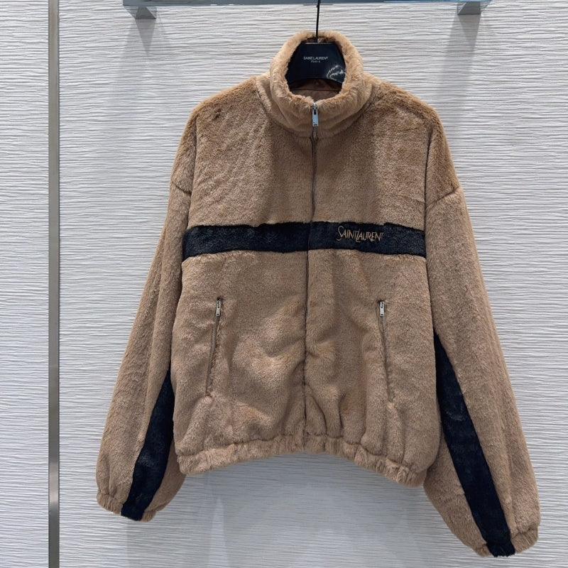 New Fashion Women's Color Block Stand Collar Faux Fur Short Jacket DM1326100832