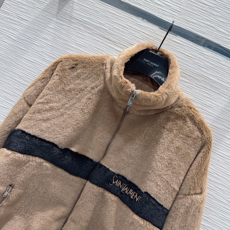 New Fashion Women's Color Block Stand Collar Faux Fur Short Jacket DM1326100832