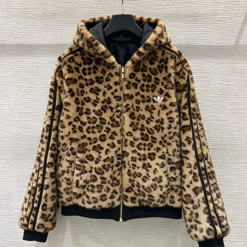 New Fashion Women's Leopard Print Reversible Hooded Fuzzy Coat DM1326101026